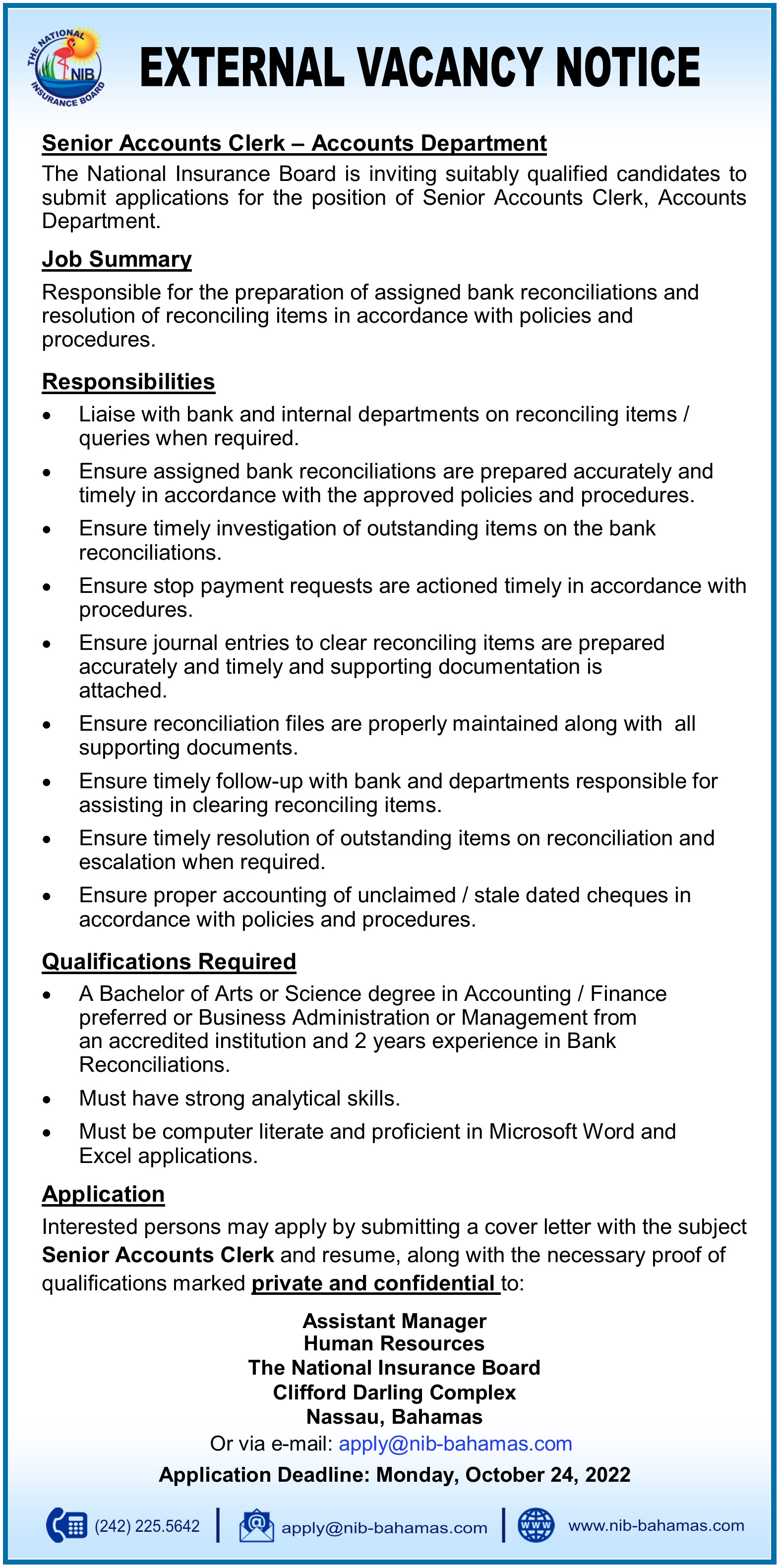 NIB External Vacancy Senior Accounts Clerk